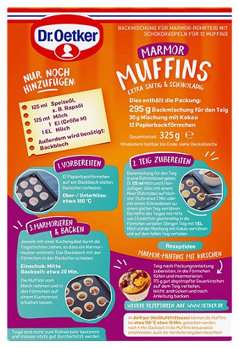 Produktbild von Dr. Oetker, Backmischung für Muffins Marmor 295g + 30g + 12 Förmchen