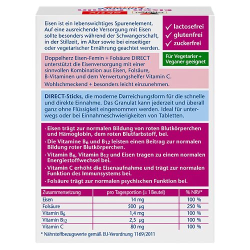 Produktbild von Doppelherz aktiv, Eisen-Femin + Folsäure Direct 20 Beutel