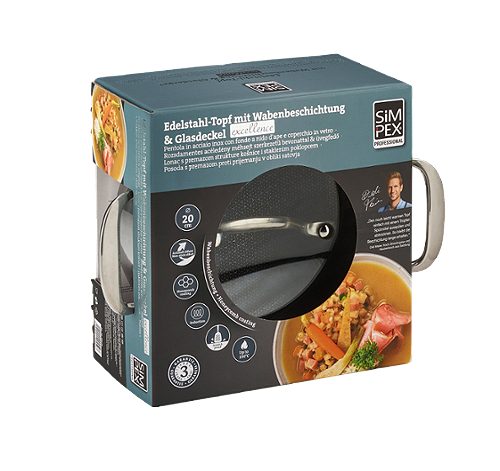 Produktbild von SIMPEX PROFESSIONAL, Topf 20 cm mit Wabenbeschichtung und Glasdeckel