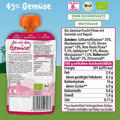 Produktbild von Pumpkin Organics, Bio-Quetschie Süßkartoffel Blaub. Birne Rote Beete Hafer