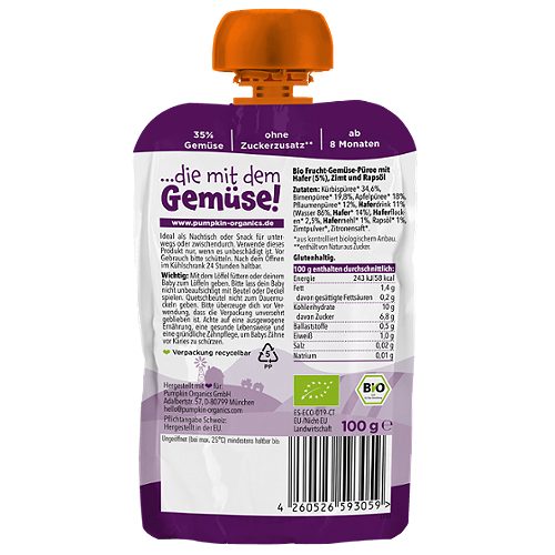 Produktbild von Pumpkin Organics, Bio-Quetschie Kürbis Birne Apfel Pflaume Hafer
