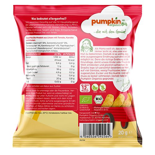 Produktbild von Pumpkin Organics, Bio Linsen Puffs Tomate, Karotte und Kräuter
