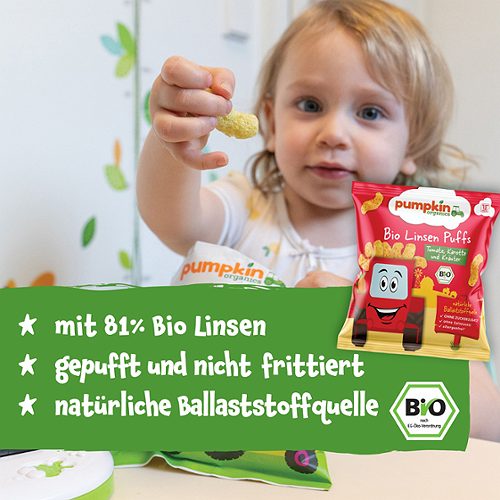 Produktbild von Pumpkin Organics, Bio Linsen Puffs Tomate, Karotte und Kräuter