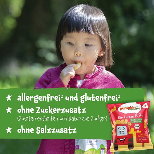 Produktbild von Pumpkin Organics, Bio Linsen Puffs Tomate, Karotte und Kräuter