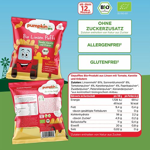 Produktbild von Pumpkin Organics, Bio Linsen Puffs Tomate, Karotte und Kräuter