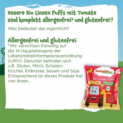 Produktbild von Pumpkin Organics, Bio Linsen Puffs Tomate, Karotte und Kräuter