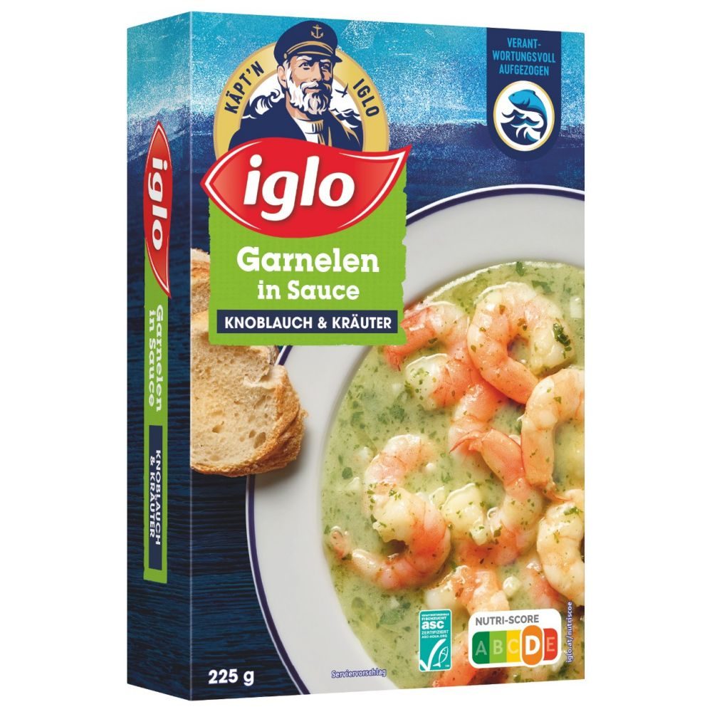 Iglo Käpt'n Iglo Garnelen in Sauce Knoblauch & Kräuter 225g Packung 225