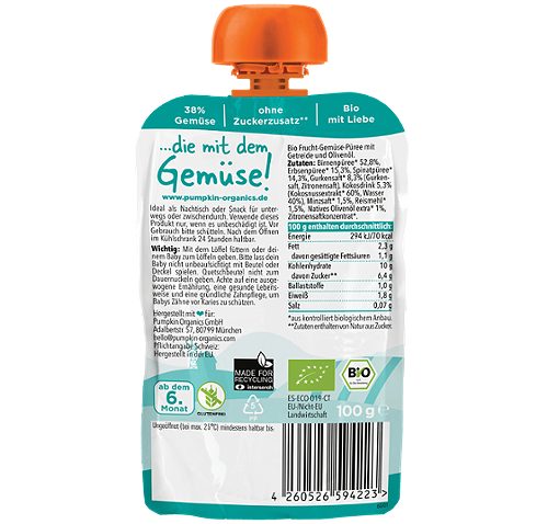 Produktbild von Pumpkin Organics, Bio Quetschie Birne Erbsen Spinat Gurke Kokosnuss Reis
