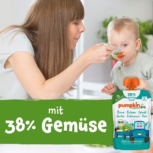 Produktbild von Pumpkin Organics, Bio Quetschie Birne Erbsen Spinat Gurke Kokosnuss Reis