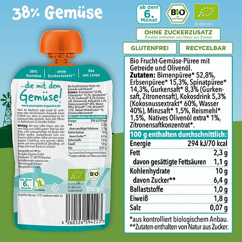 Produktbild von Pumpkin Organics, Bio Quetschie Birne Erbsen Spinat Gurke Kokosnuss Reis