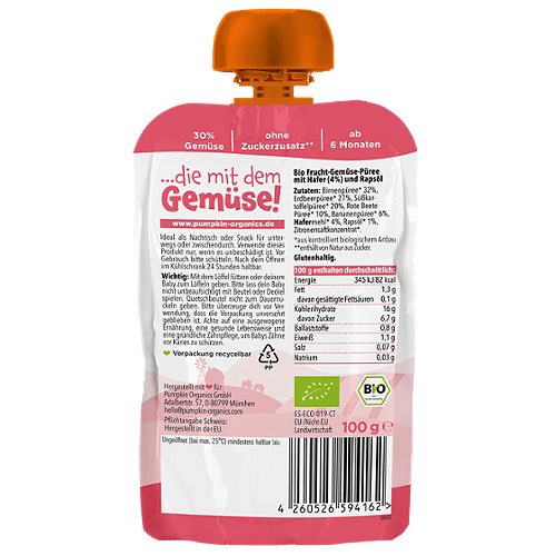 Produktbild von Pumpkin Organics, Bio Quetschie Birne Erdbeere Süßkart. Rote Beete Ban. Hafer