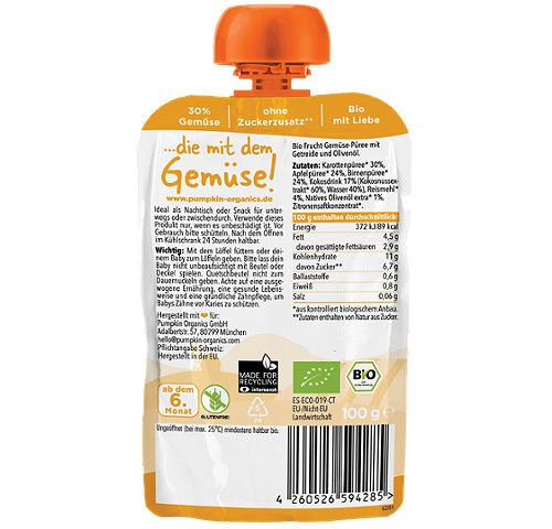 Produktbild von Pumpkin Organics, Bio Quetschie Karotte Apfel Birne Kokos Reis