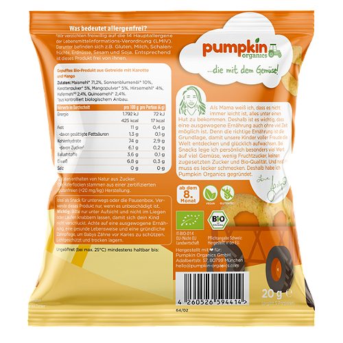 Produktbild von Pumpkin Organics, Bio Mehrkorn Ringe Karotte und Mango
