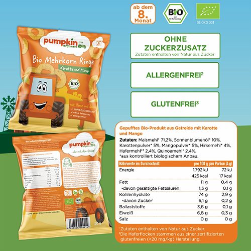 Produktbild von Pumpkin Organics, Bio Mehrkorn Ringe Karotte und Mango
