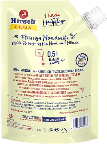 Produktbild von Hirsch, Flüssige Handseife Nachfüller Zitronella 500ml