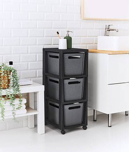 Produktbild von Rotho, Brisen-Box Tower, schwarz mit 3 Fächern und Rollen