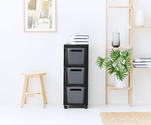 Produktbild von Rotho, Brisen-Box Tower, schwarz mit 3 Fächern und Rollen