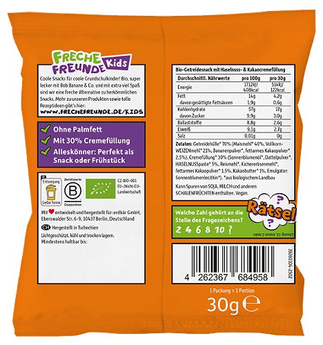 Produktbild von Freche Freunde Kids, Bio Crunchy Bits mit Cremefüllung Haseln. Kakao