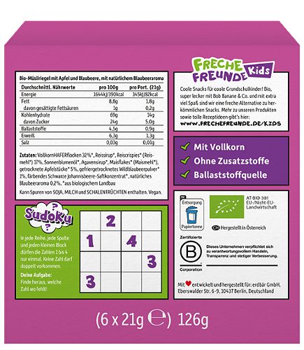 Produktbild von Freche Freunde Kids, Bio Crispy Riegel Apfel Blaubeere 6x21g