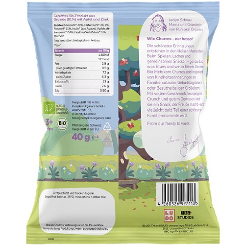 Produktbild von Pumpkin Organics Bluey, Bio Mehrkorn Churros Apfel Zimt