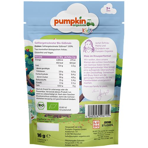 Produktbild von Pumpkin Organics Bluey, Bio Süßmais gefriergetrocknet