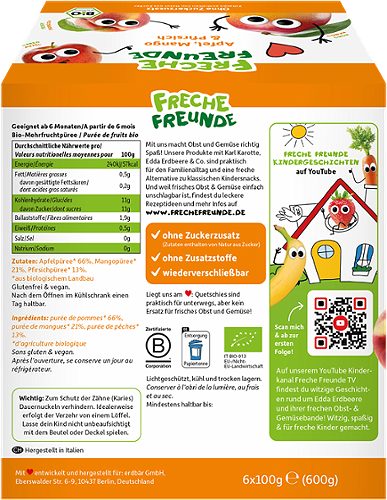 Produktbild von Freche Freunde, Bio Quetschie 6er Sparpack Apfel Mango Pfirsich 6x100g