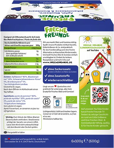 Produktbild von Freche Freunde, Bio Quetschie 6er Sparpack Apfel Blaub. Johannisb. Bromb. 6x100g