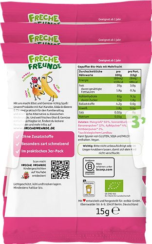 Produktbild von Freche Freunde, Mini Knusper-Schmetterlinge Banane Apfel Himbeere 3x15g