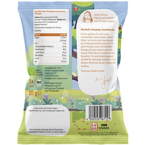 Produktbild von Pumpkin Organics Bluey, Bio Linsen Puffs Käse
