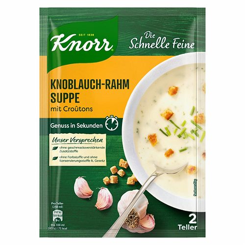 Produktbild von Knorr Die Schnelle Feine, Knoblauch-Rahm Suppe mit Croûtons 2 Teller