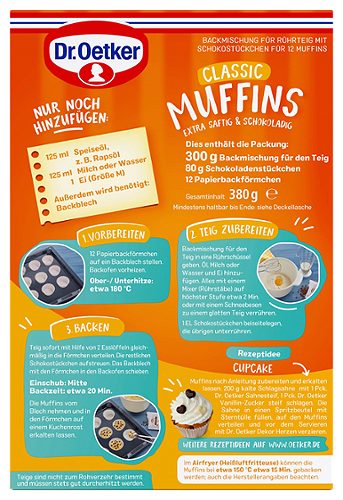 Produktbild von Dr. Oetker, Backmischung für Muffins Classic mit Schokostückchen 300g + 80g + 12 Förmchen