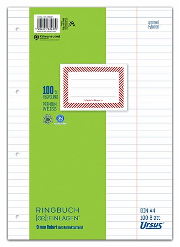 Produktbild von Ursus OE, Ringbucheinlagen A4 liniert 9mm, mit Korrekturrand 100 Blatt