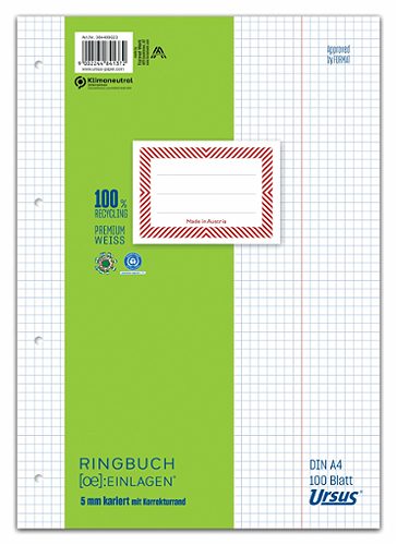 Produktbild von Ursus OE, Ringbucheinlagen A4 kariert 5mm, mit Korrekturrand 100 Blatt