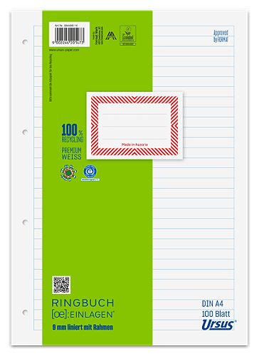 Produktbild von Ursus OE, Ringbucheinlagen A4 liniert, 9mm, 100 Blatt