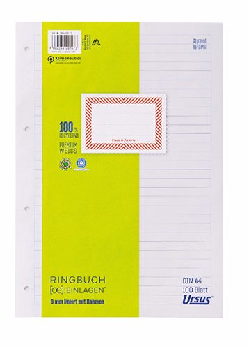 Produktbild von Ursus OE, Ringbucheinlagen A4 liniert, 9mm, 100 Blatt