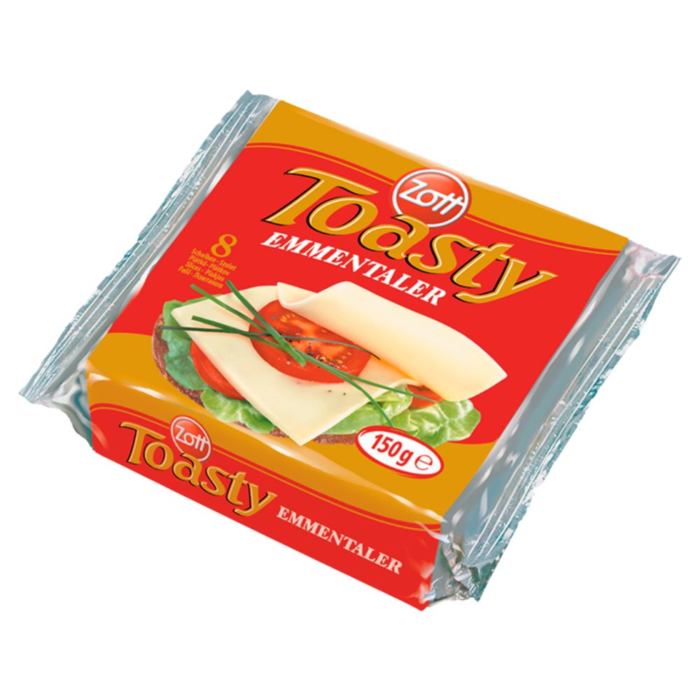 Zott Toasty Emmentaler szeletelt, ementáli ízű, zsíros ömlesztett sajt 8 x 18,75 g (150 g