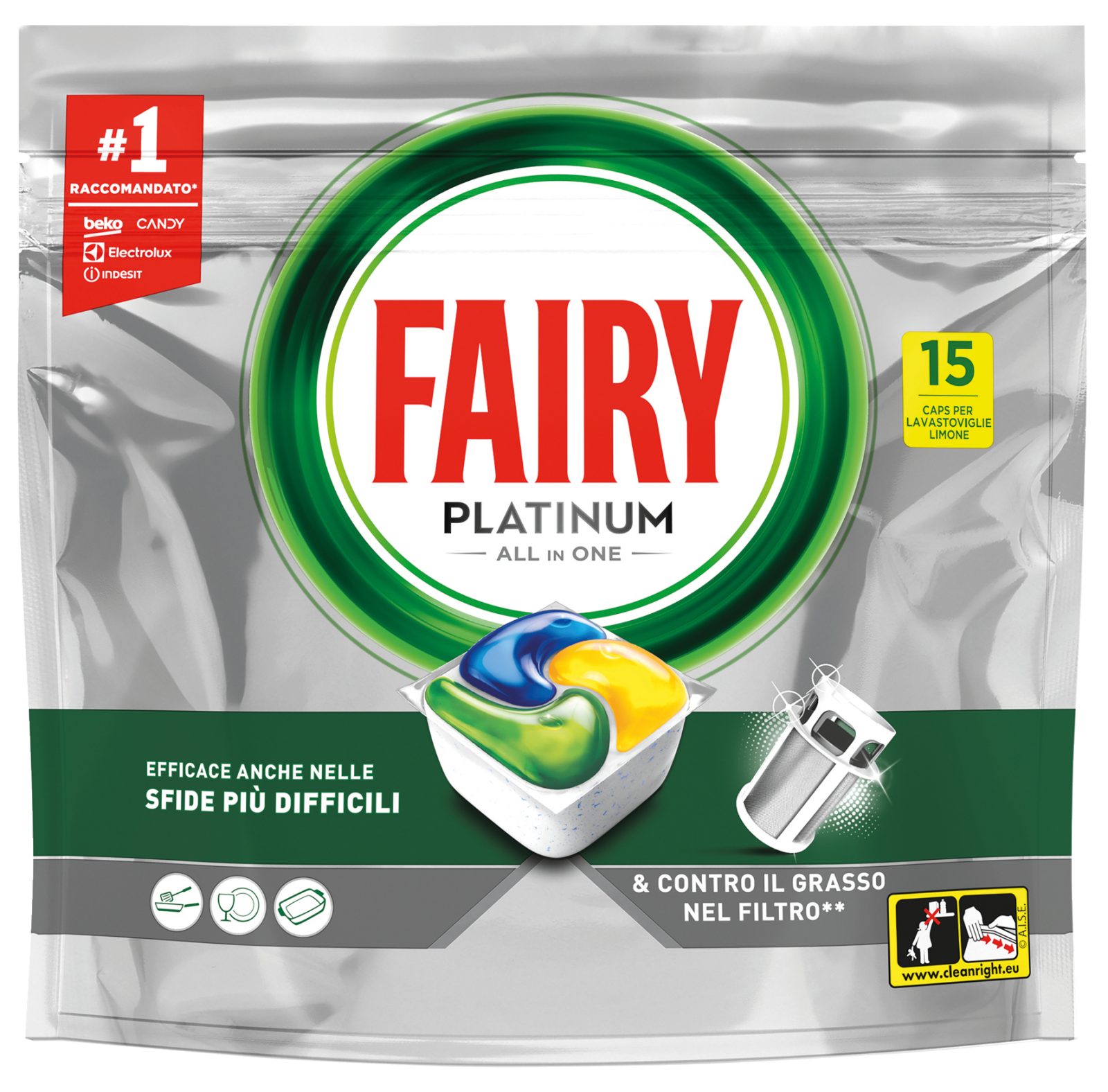 Pastiglie Lavastoviglie Platinum All in One, Detersivo Piatti Limone, 15 Capsule
