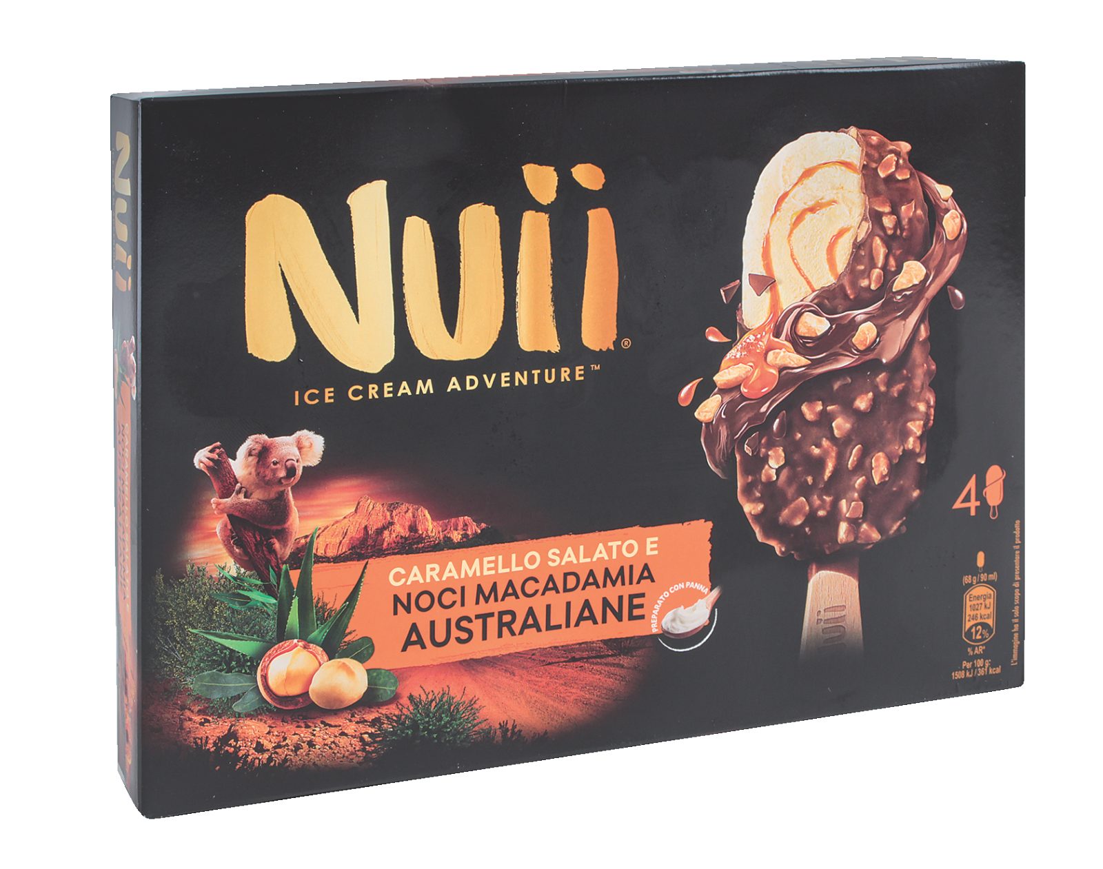 Stieleis Nuii, Salzkaramell und australische Macadamia-Nüsse
