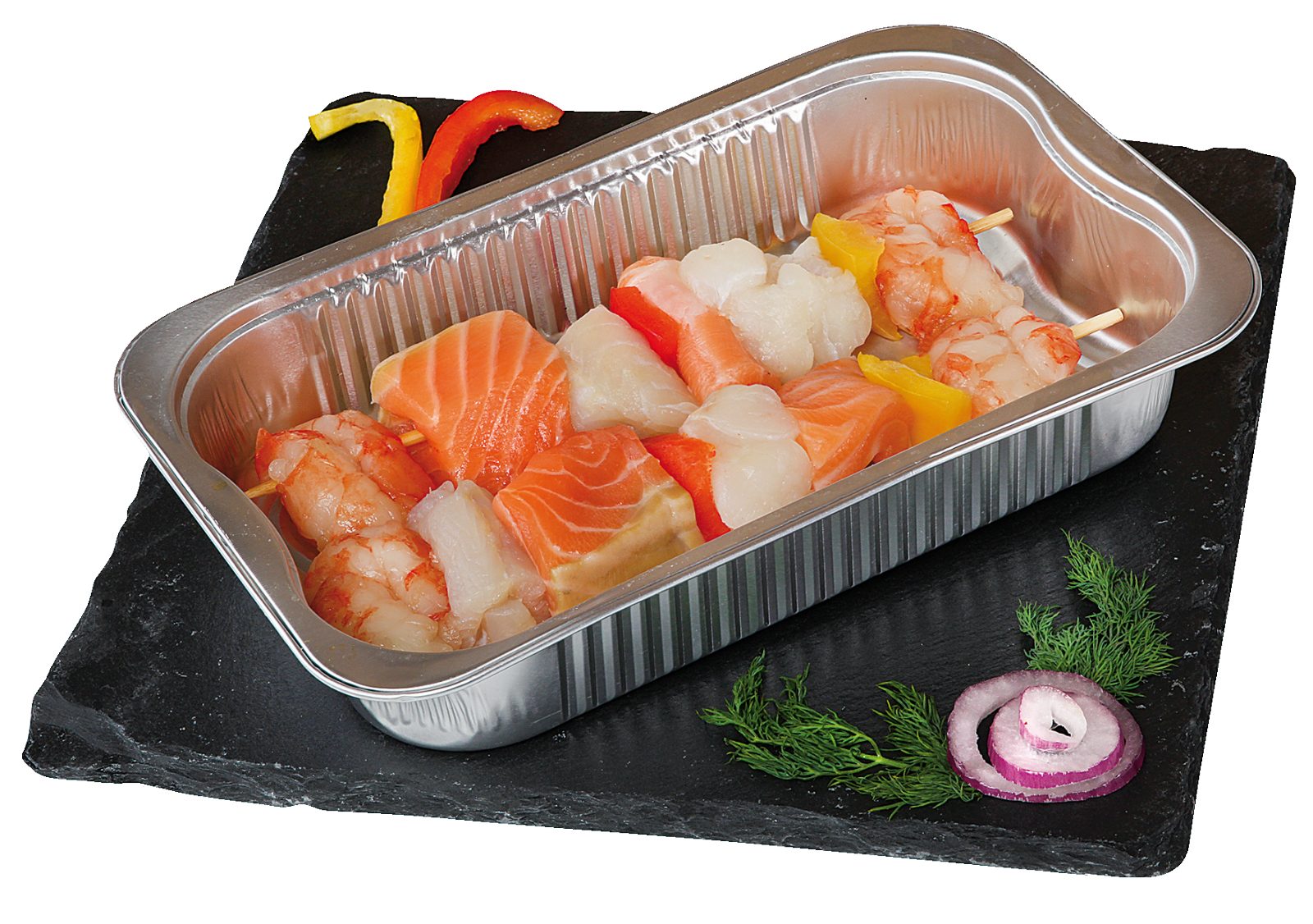 Spiedini di Salmone, Merluzzo, Peperoni e Gamberi Confezionati
