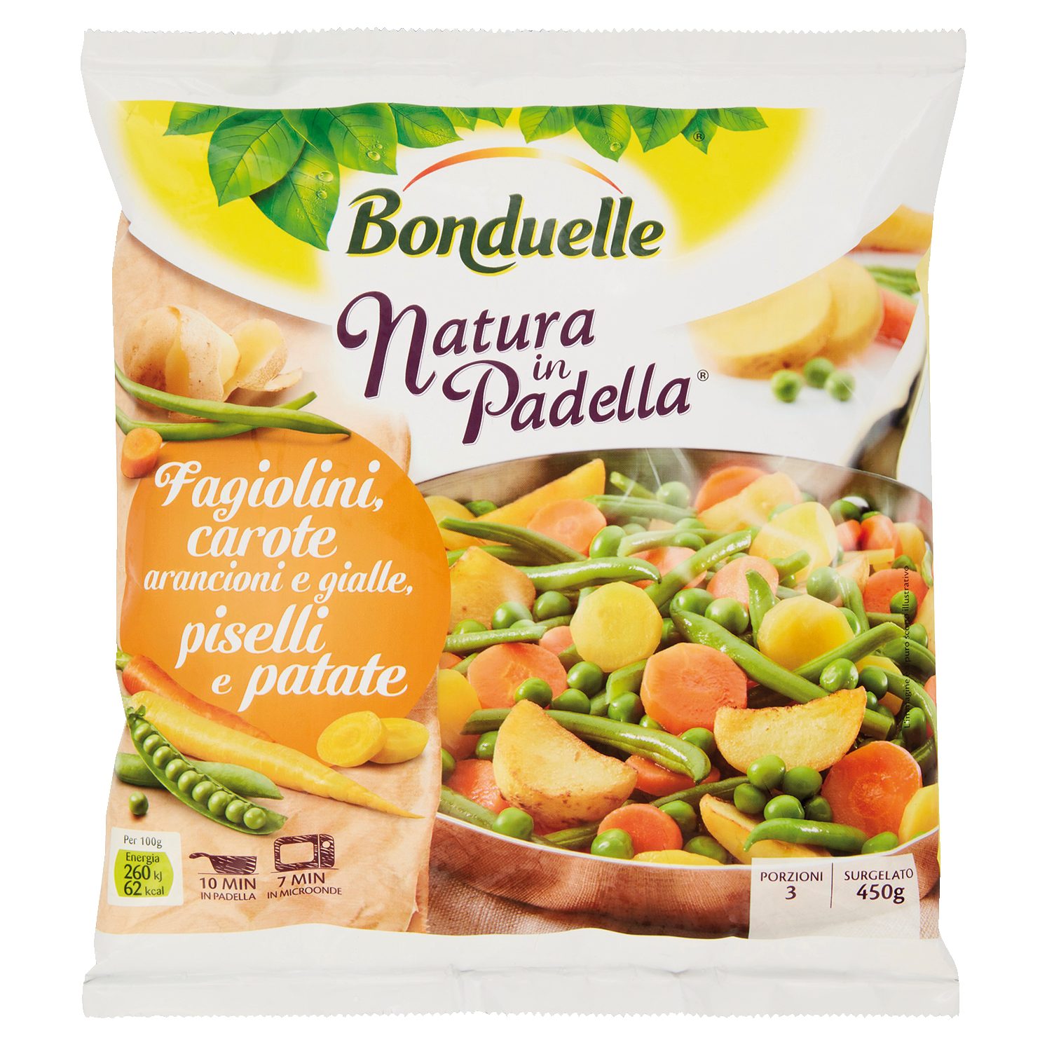 Natura in Padella Fagiolini, carote arancioni e gialle, piselli e patate Surgelato