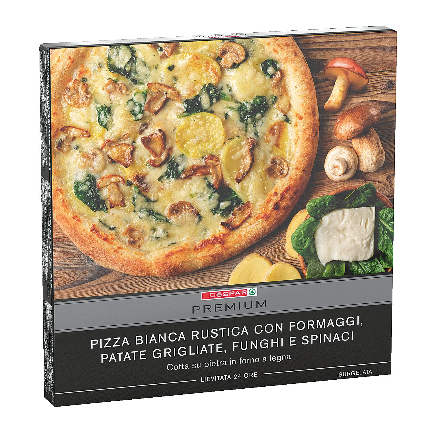 Pizza Bianca Rustica con Formaggi, Patate Grigliate, Funghi e Spinaci surgelata