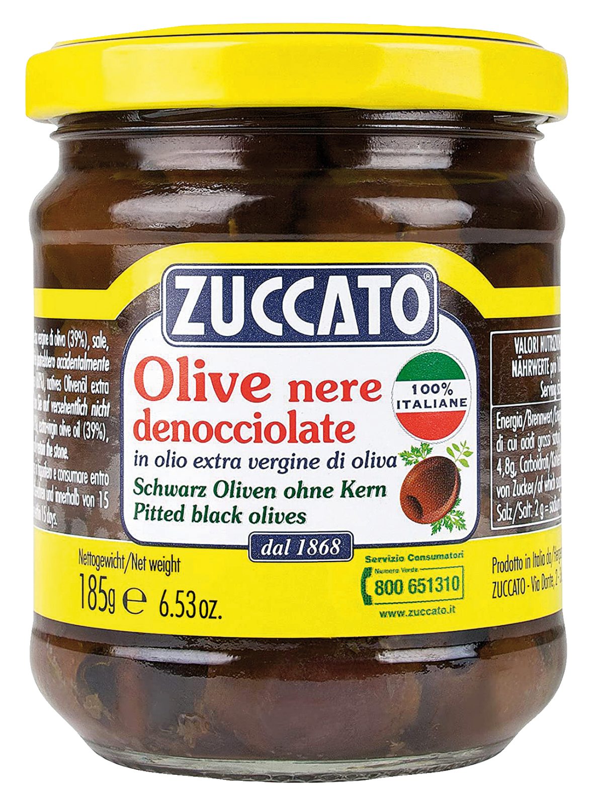Entkernte schwarze Oliven in Olivenöl extra vergine