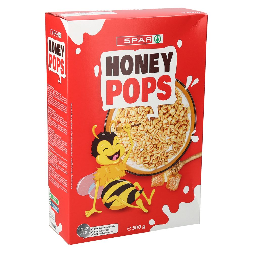 KOSMIČI Z MEDOM HONEY POPS SPAR, 500G Ekstrudirana pšenica z medom, vitamini in železom. SPAR