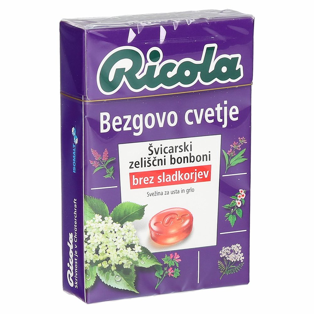 trdi zeliščni bonboni bezgovo cvetje, brez sladkorja, ricola, 50g