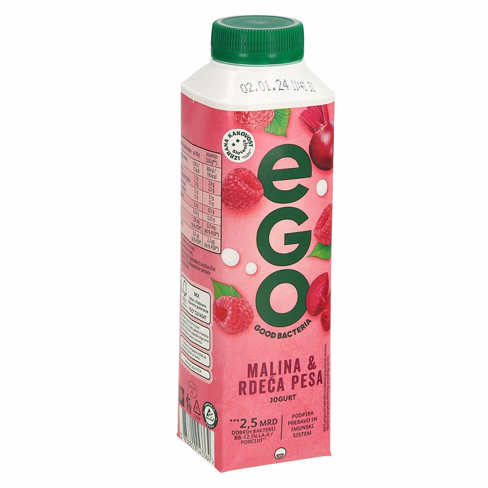 tekoči jogurt, malina in rdeča pesa, 1,3 % m.m., ego, 500 g