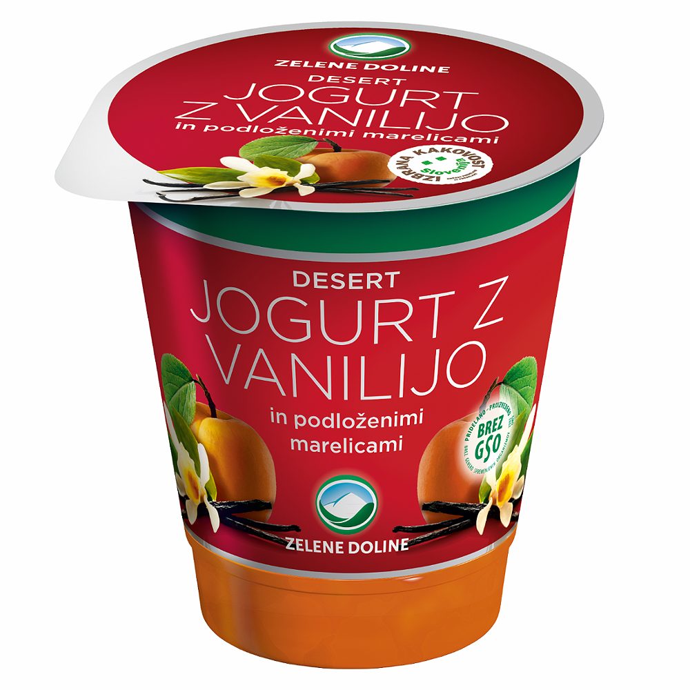 desert, jogurt z vanilijo in podloženimi marelicami, zelene doline, 150g