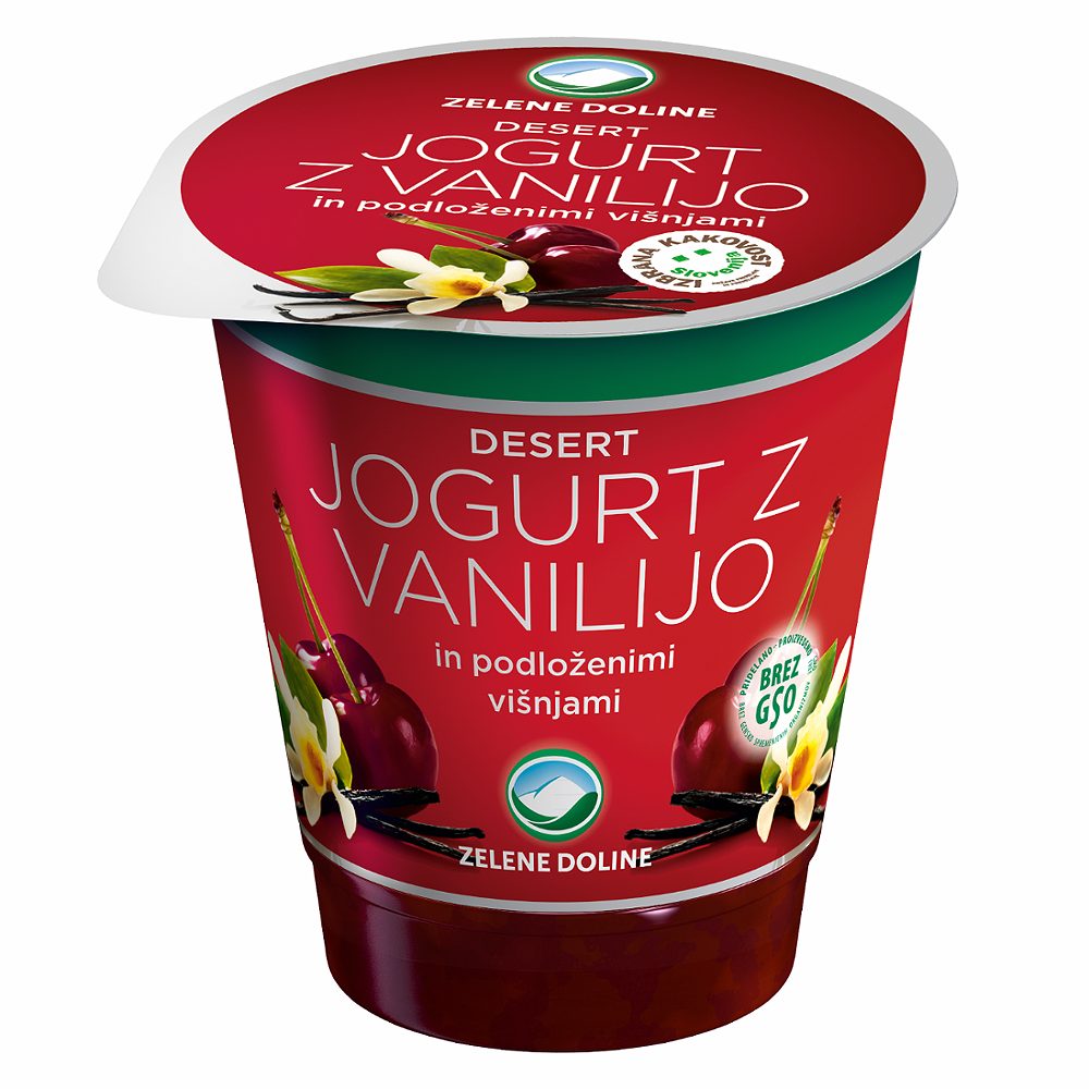 desert, jogurt z vanilijo in podloženimi višnjami, zelene doline, 150g