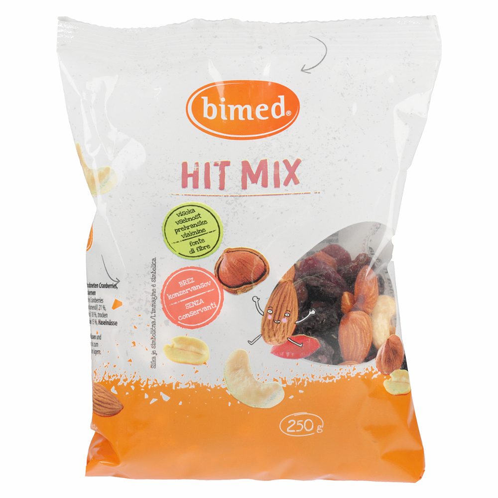 mešanica oreščkov, sušenih brusnic, rozin in arašidov hit mix, bimed, 250g