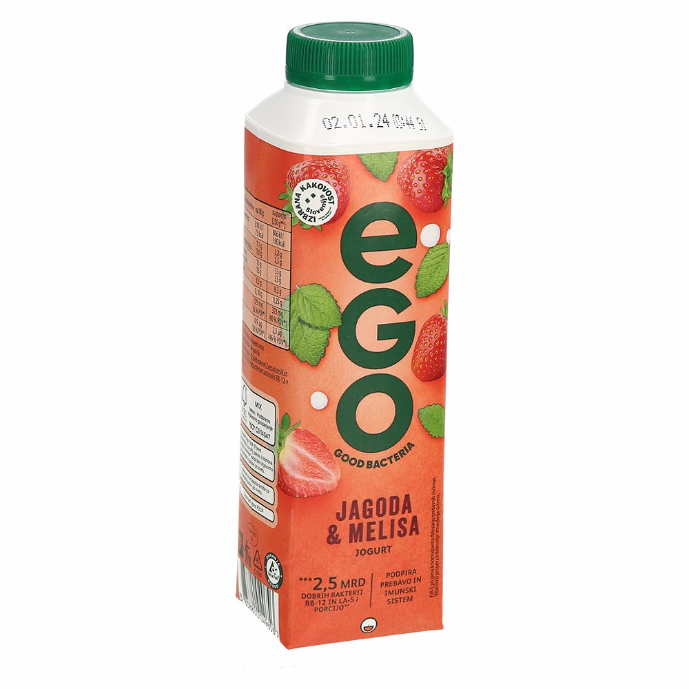 tekoči jogurt jagoda in melisa ego, lj. mlekarne, 500g