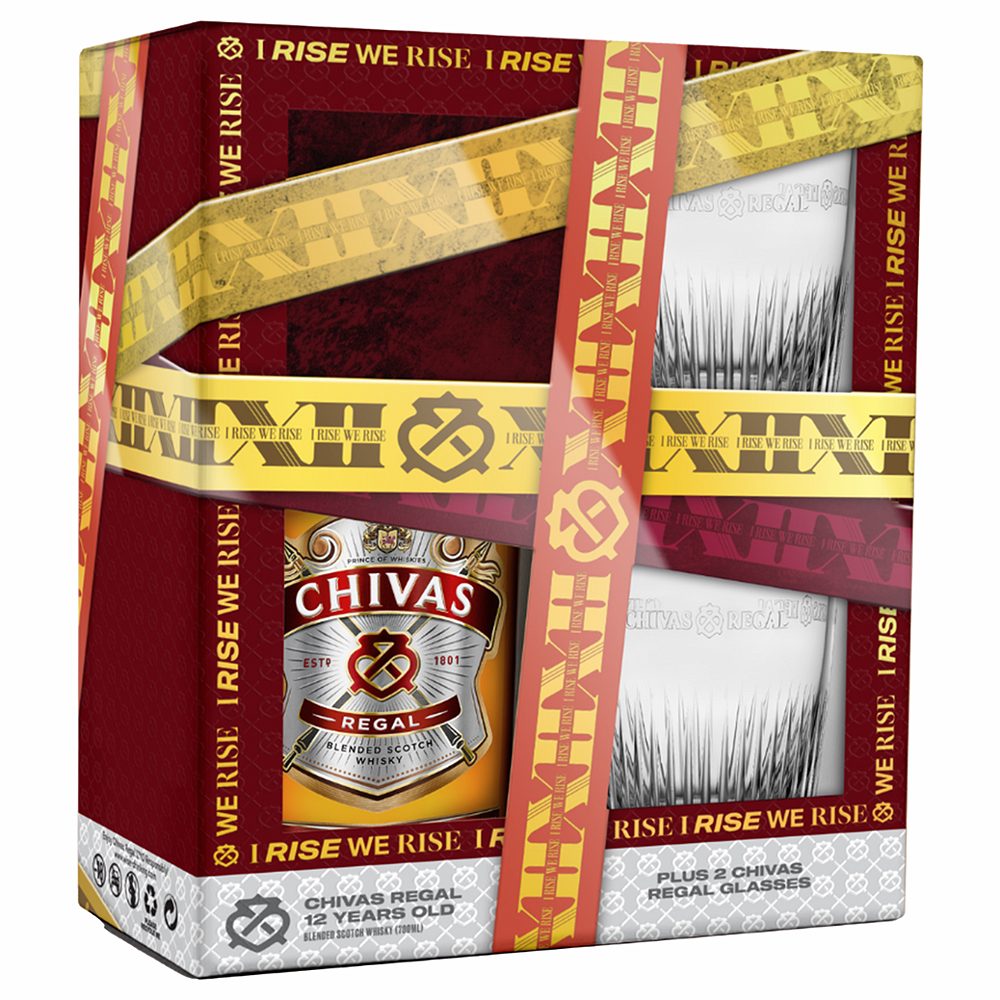 škotski whiskey, chivas regal 12 let, 40 % alkohola, 0,7 l + 2 kozarca